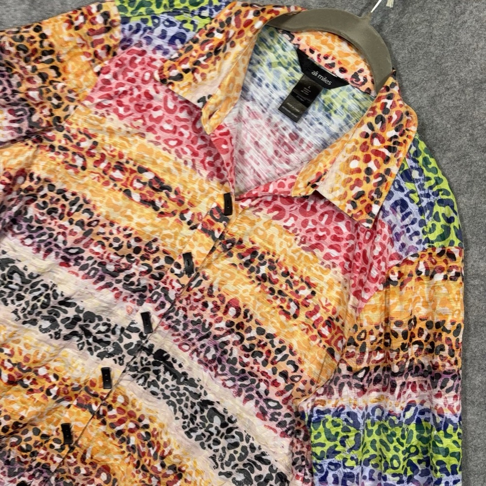 Ali Miles Tunic Blouse Womens Sz L Multicolor Leopard Wrinkle Texture